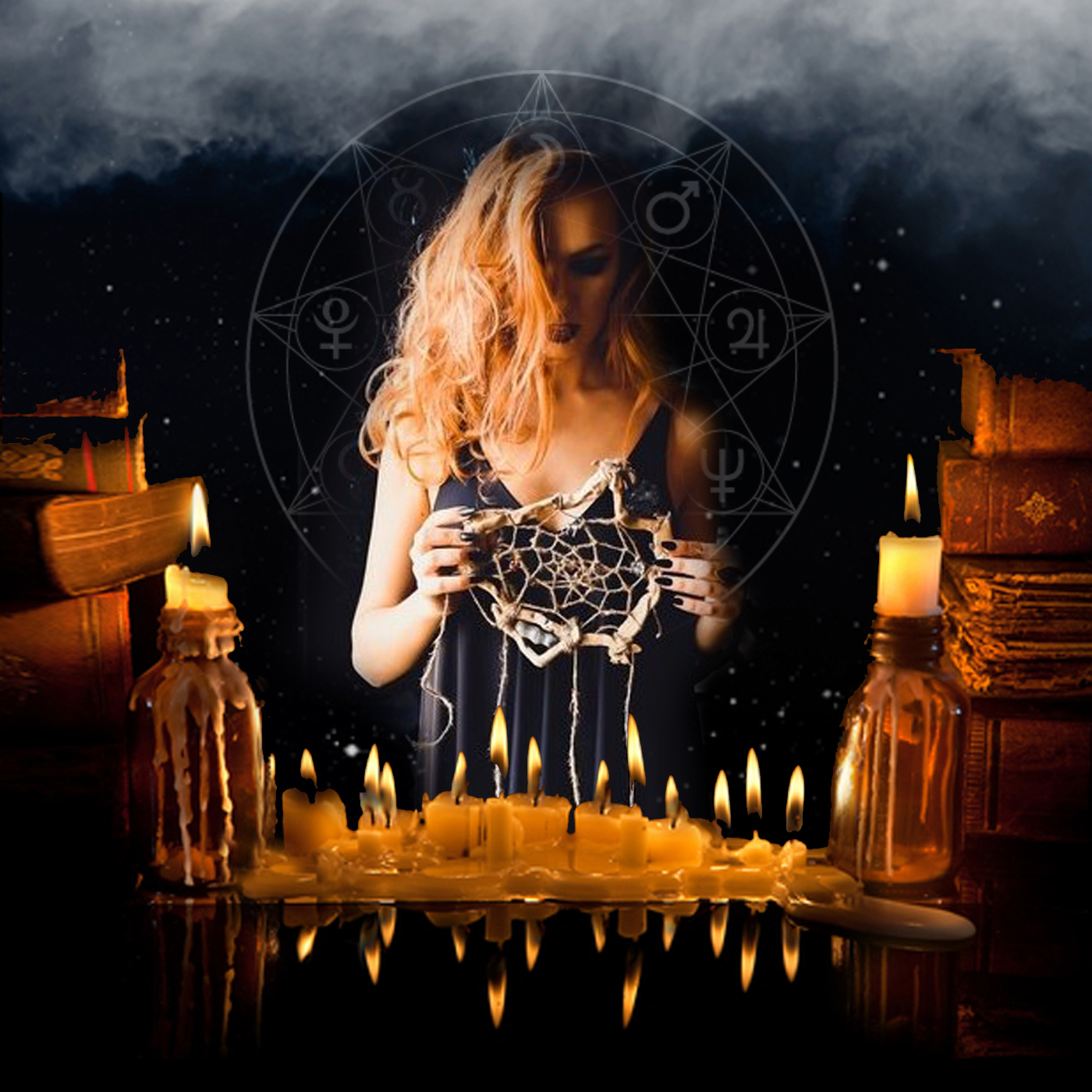 Image of Witch and Teacher, Fiona Duncan with candles and old books