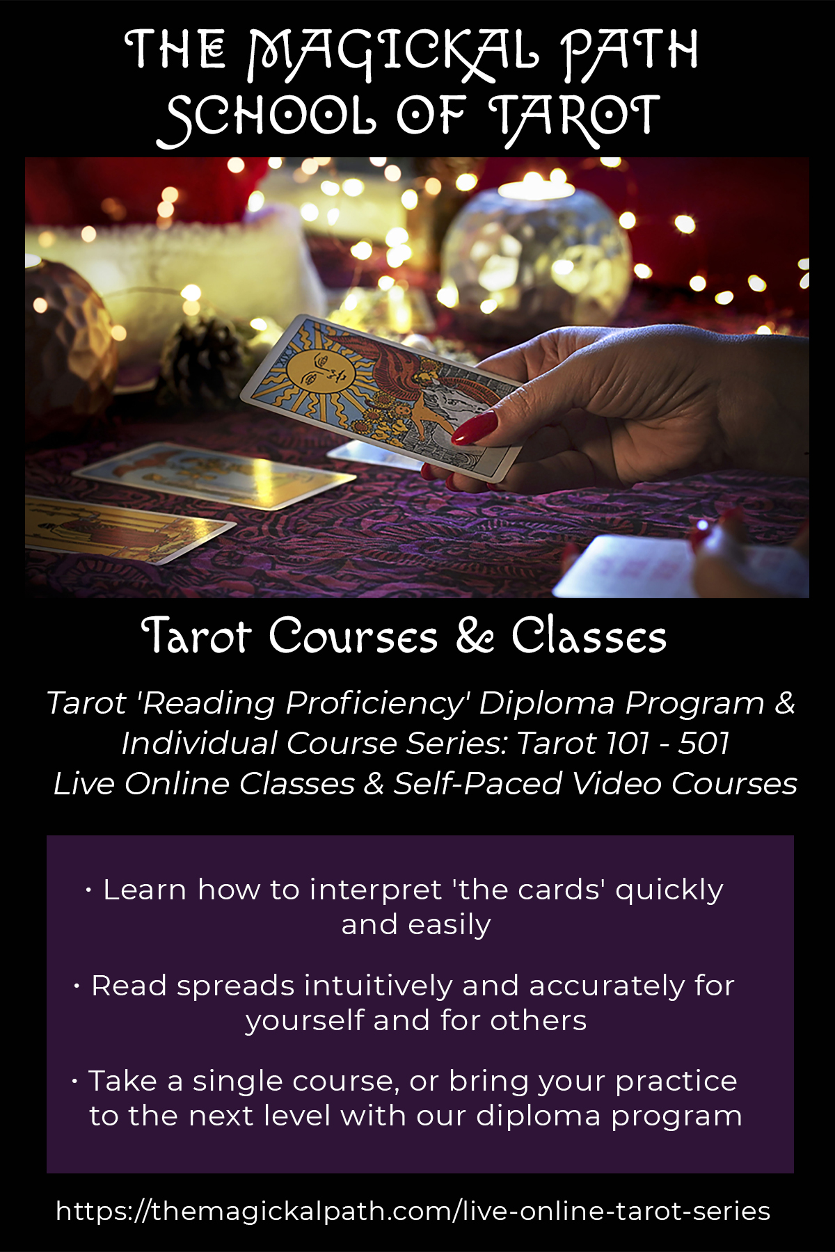 Photo of tarot cards and hand pulling a card; it is the main image for The Magickal Path School of Tarot course series and diploma program