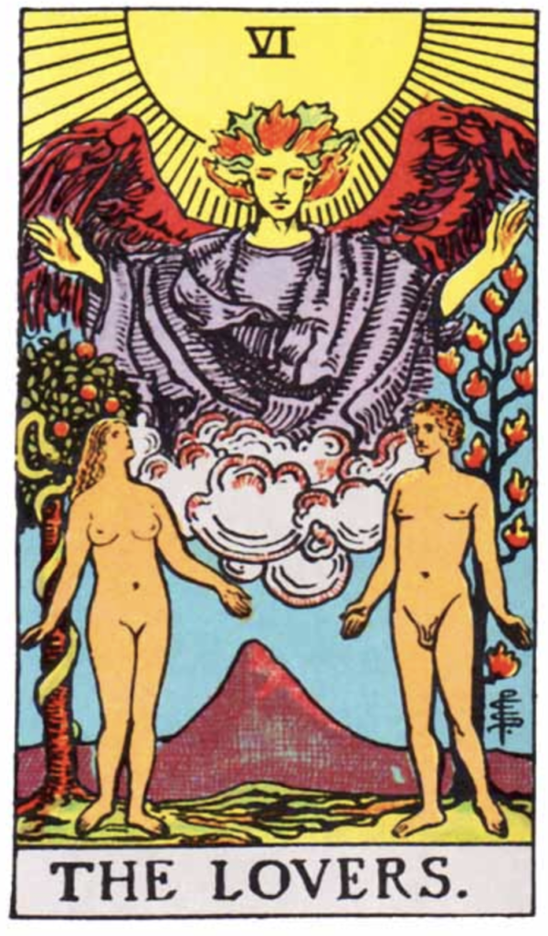 The Lovers tarot card in the Smith-Rider-Waite Tarot Deck is depicted here to describe the symbols and meanings within the card