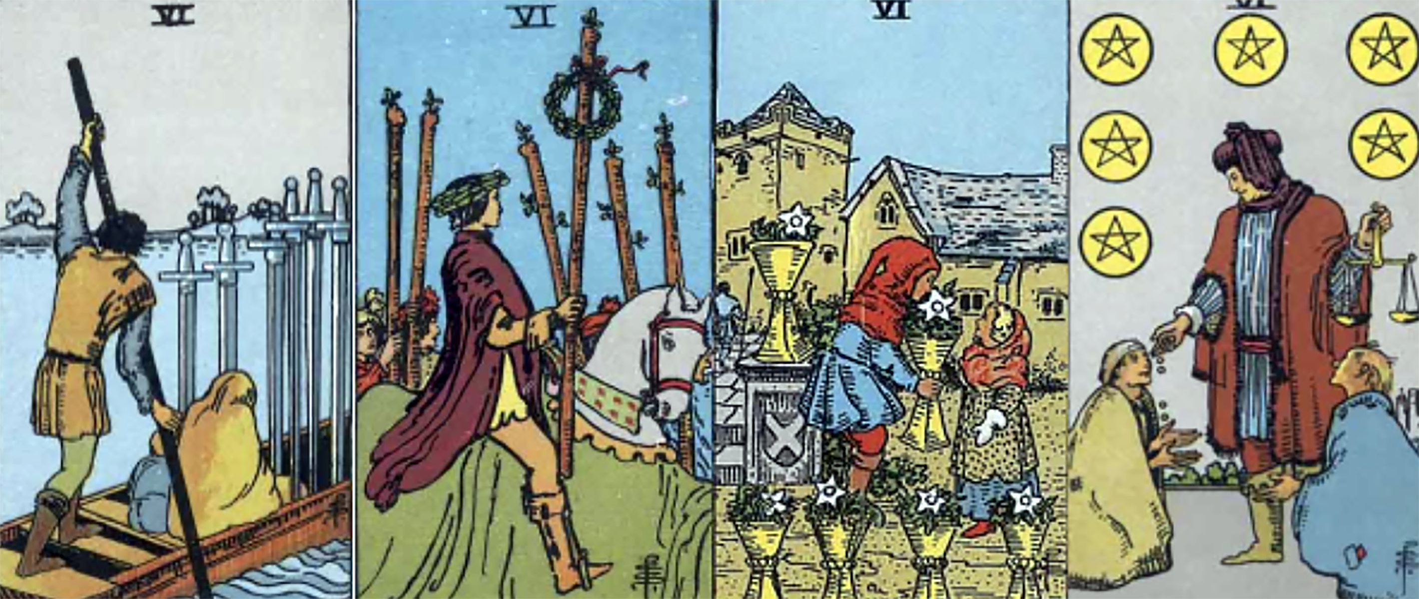 An image depicting all four of the "6" cards in the Tarot: from left to right, 6 of swords, 6 of wands, 6 of cups and 6 of pentacles